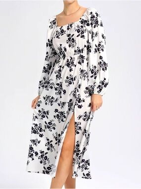 💕White & Black Floral Long Sleeve Midi Dress